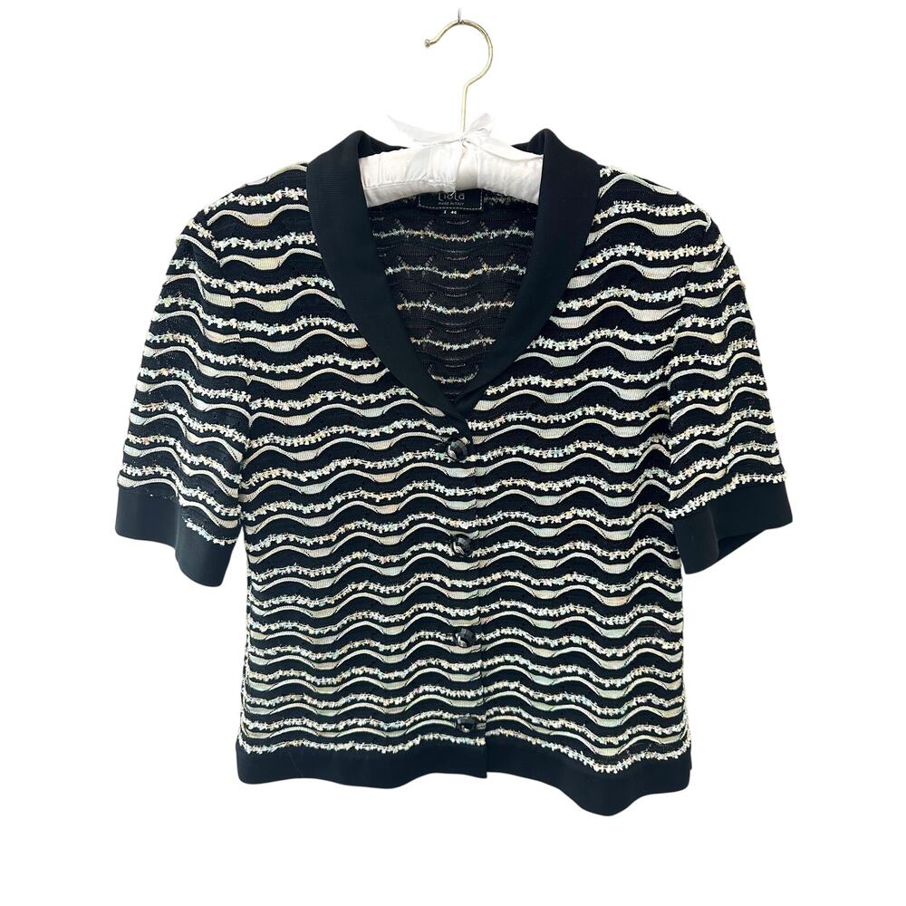 LIOLA Black Wavy Knit Short Sleeve Button Front Top Made in Italy | Size 46